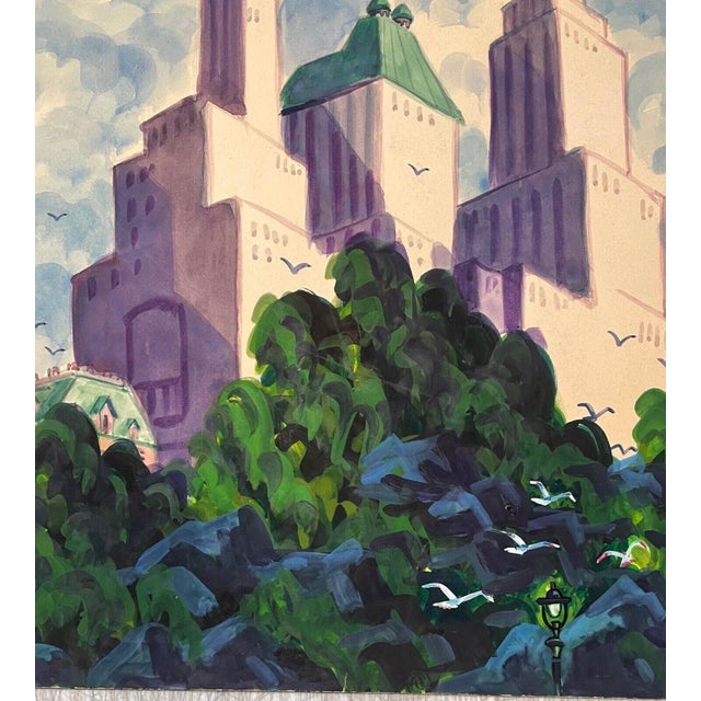 Vintage James Russell Sherman Central Park Plaza Hotel Roof New York Painting For Sale - Image 10 of 11