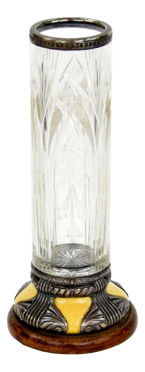 Vintage Cut Crystal Vase with Engraved Decoration and 800 Silver Mount, 1920s