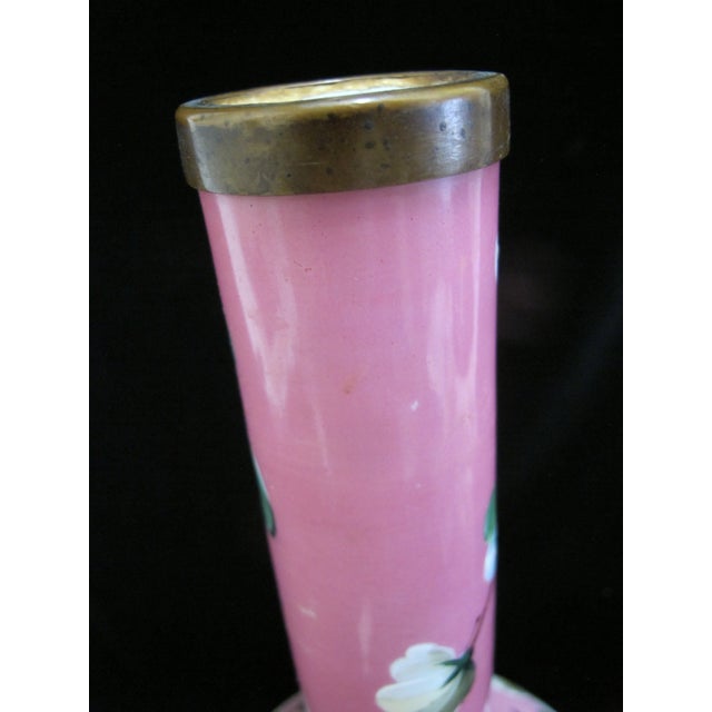 Victorian Harrach Enameled Flower Opaline Pink Cased Glass 17" Bohemian Vase For Sale - Image 9 of 11