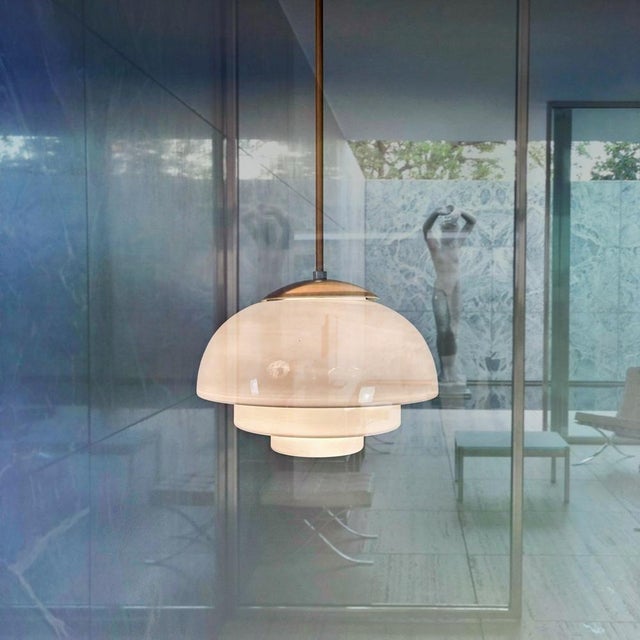 1930s Art Deco Model Mithras Rod Hanging Lamp in Opaline Glass from August Walther & Söhne Ag, Germany, 1930s For Sale - Image 5 of 15