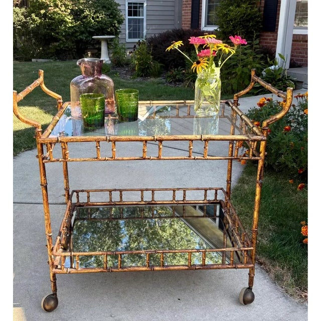 Labarge Vintage Mid-Century Faux Bamboo Bar Cart | Hollywood Regency Gilt Metal & Glass Serving Trolley | Maison Baguès Style For Sale - Image 4 of 10