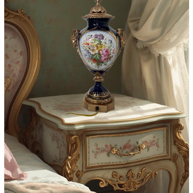 Metal Antique Sevres Style Bronze Ormolu Têtes De Satyres Cobalt Blue Porcelain Table Lamp For Sale - Image 7 of 18
