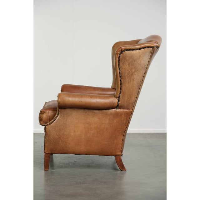 2000 - 2009 English Sheepskin Wing Armchair in Light Cognac Color For Sale - Image 5 of 13