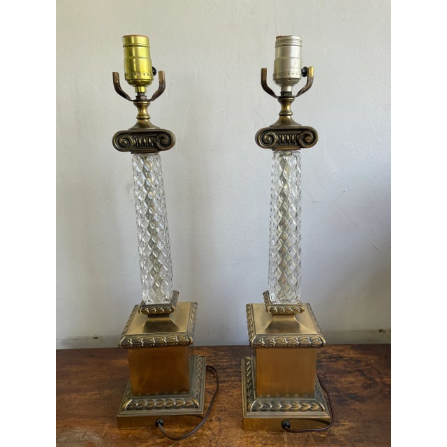 Mid-Century Modern Mid Century Glass Column and Brass Table Lamps - Pair - Hollywood Regency For Sale - Image 3 of 7