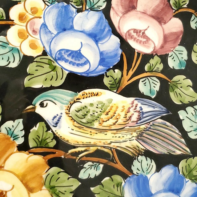 1970s Porcelain Hand Painted Porcelain Wall Plate With Flowers & Bird, 1973, Signed For Sale - Image 5 of 10