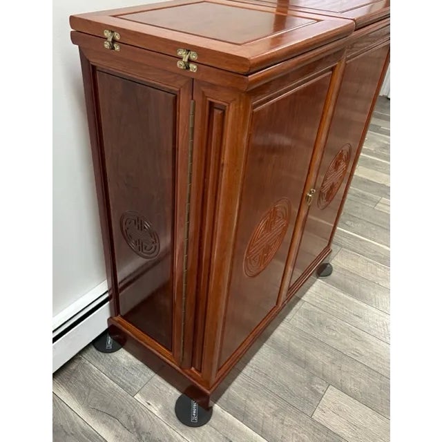 1970s 1970s Chinese Solid Rosewood Bar Unit Twin Fold-Over Flap Top Also Front, Side, and Back Carved Chinese Symbols For Sale - Image 5 of 12