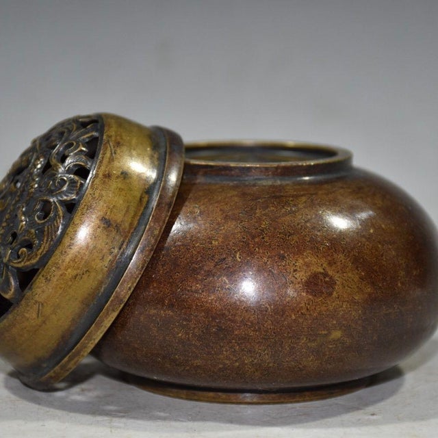 1960s Vintage Bronze Incense Burner With Pierced Dragon Lid - Asian Censer For Sale - Image 5 of 9