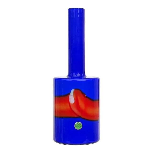 Murano Vistosi Bianconi Bright Blue Red Stripe White Vintage Italian Art Glass Flower Vase With Label For Sale
