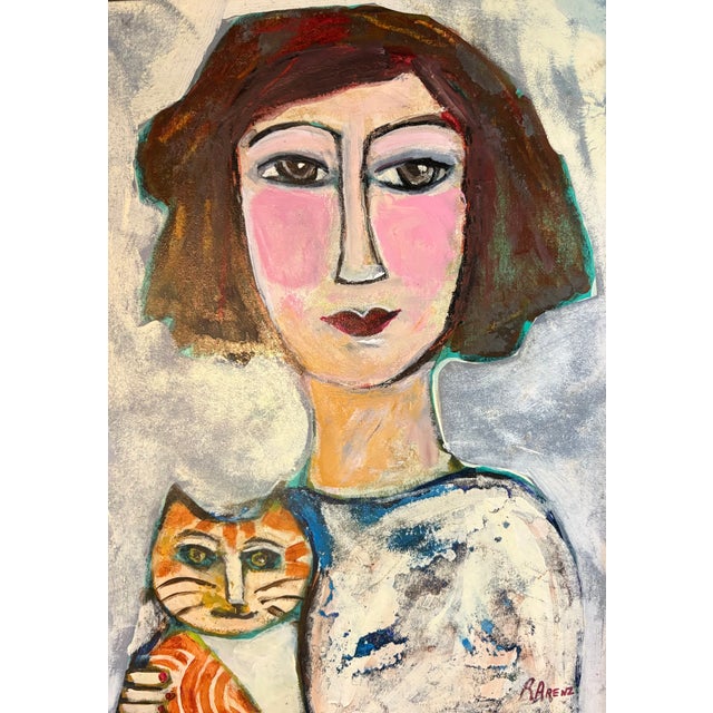 Contemporary 2026 Ruth Arenz Young Lady With Her Cat Painting in Vintage French Frame For Sale - Image 3 of 5