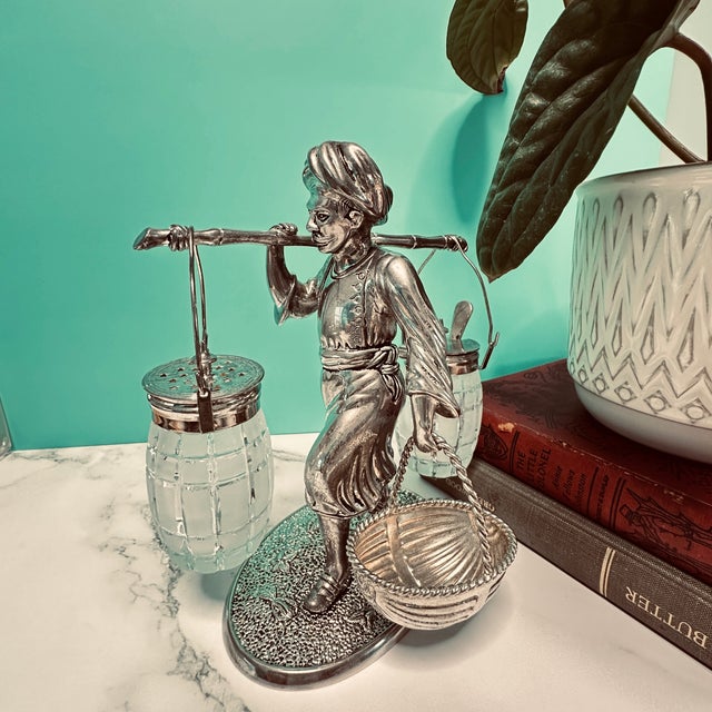 Mid-Century Modern Bombay Co. Silver Plated Nubian Man Salt & Pepper Shaker, Condiment Basket 2001 For Sale - Image 12 of 18