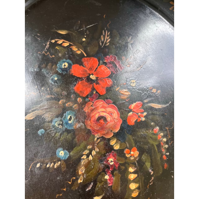 Antique English Hand-Painted Floral Oval Toleware Tray, Late 19th Century For Sale In Houston - Image 6 of 10