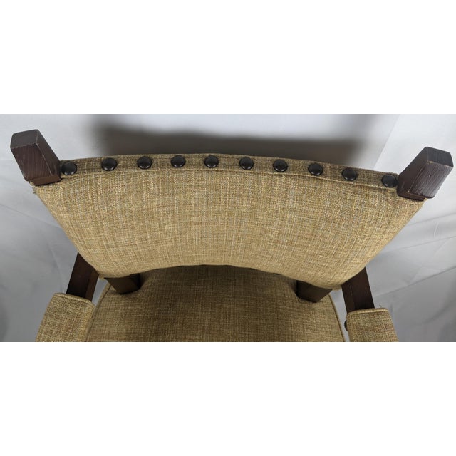 Mid-Century Mission Arts & Crafts Wood Upholstered Armchair With Nailhead Trim For Sale - Image 4 of 17