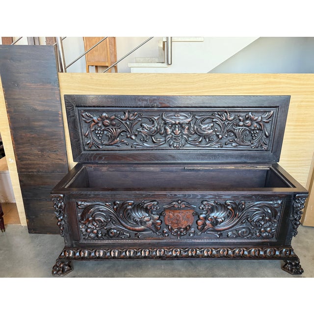 19th Spanish Baroque Carved Large Hall Bench With Storage For Sale - Image 11 of 15