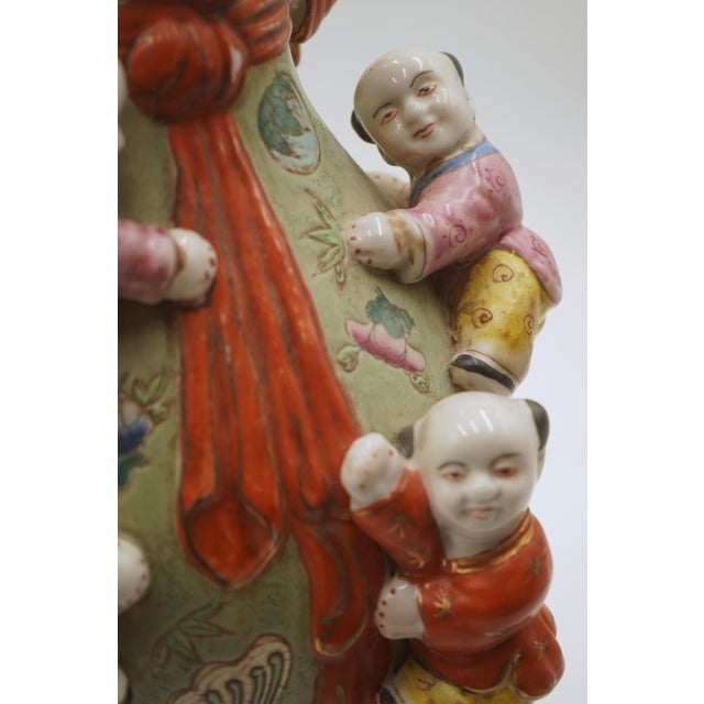 Ceramic Vintage Chinese Familia Rose Seven Boys Fertility Vase For Sale - Image 7 of 9