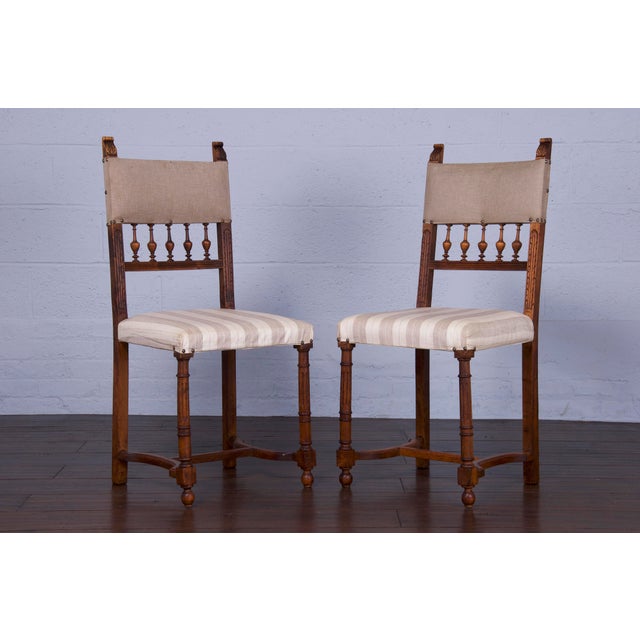 Antique French Renaissance Henry II Style Walnut Dining Chairs W/ Linen Fabric - Set of 6 For Sale - Image 9 of 13