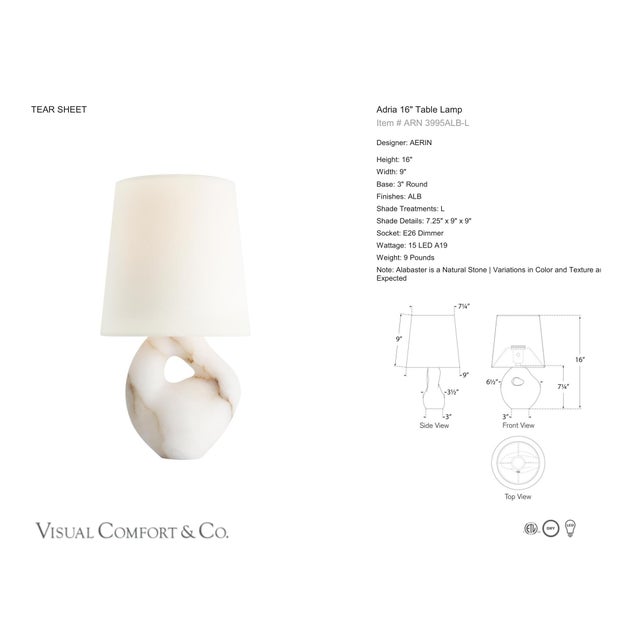 AERIN by Visual Comfort Signature Adria 16" Table Lamp in Alabaster with Linen Shade Designer: AERIN Height: 16" Base: 3"...