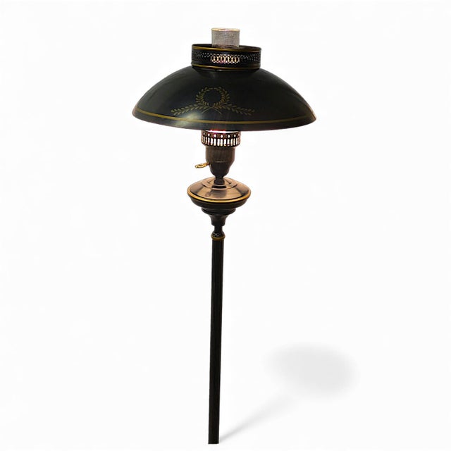 Vintage French Empire Hurricane Lamp Style Black Floor Lamp With Toleware Shade For Sale - Image 4 of 10
