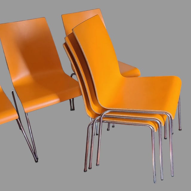 Late 20th Century Vintage Set of 6 Dining Room Stackable Mid-Century Modern Orange Plywood Formica Chairs For Sale - Image 6 of 11