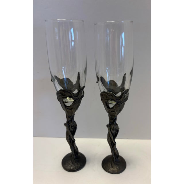 Late 20th Century Figural Nude Champagne Flutes – Sculptural Art Nouveau Style Gothic Metal Stem Goblets – Set of 2” For Sale In Indianapolis - Image 6 of 8