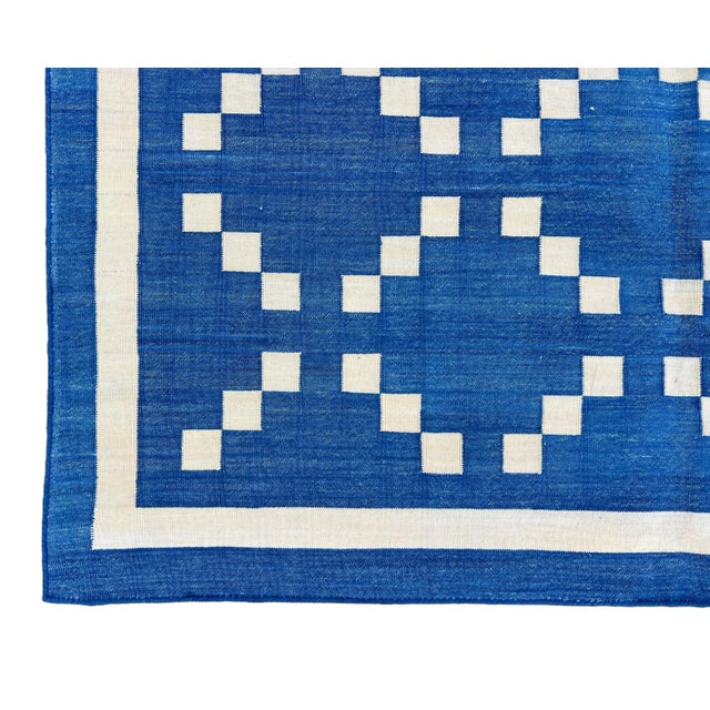 Handmade Cotton Rug, Contemporary Denim Blue and Cream Diamond Pattern Dhurrie - 8'x10' For Sale - Image 10 of 12
