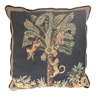 Three Monkeys on a Palm Tree Woven and Velvet Flat Square Vintage Pillow For Sale