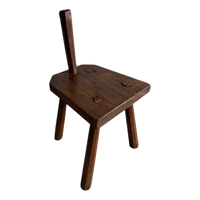 Brutalist Wooden Stool with Backrest For Sale