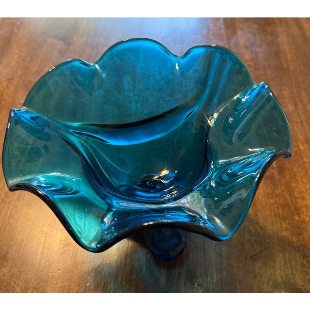 Viking Art Glass Bluenique Epic Three Footed Compote For Sale - Image 9 of 12