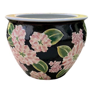 Vintage Chinoiserie Pink and Black Floral Planter For Sale