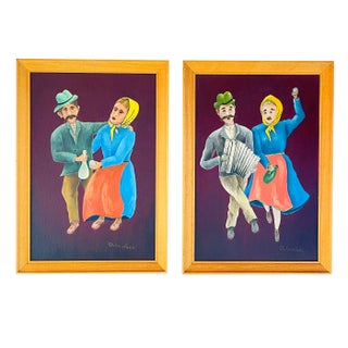 Oto Dobovišek, Naive Art Diptych, Oils on Hardboard, 1970s, Framed, Set of 2 For Sale