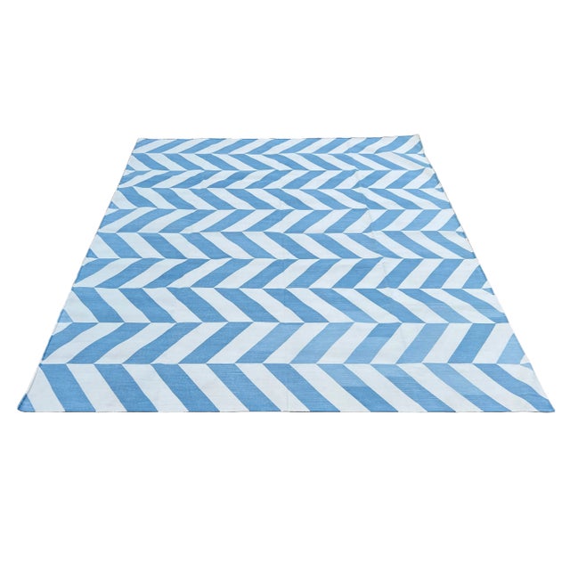 Handmade Cotton Flat Weave Rug. Zig Zag Stone Washed Sky Blue & White Striped Dhurrie - 5'x7' For Sale - Image 9 of 11