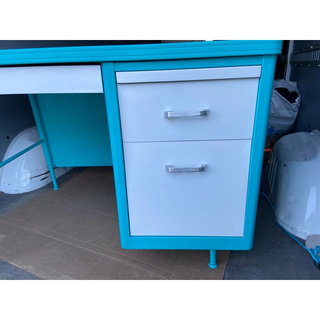 Vintage Mid Century Modern Teachers Metal Tanker Desk For Sale - Image 10 of 12