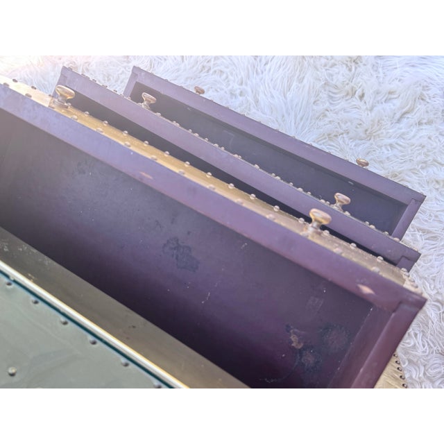 Pair of Vintage Hollywood Regency Brass-Clad Riveted Nightstands With Glass Tops For Sale - Image 10 of 12