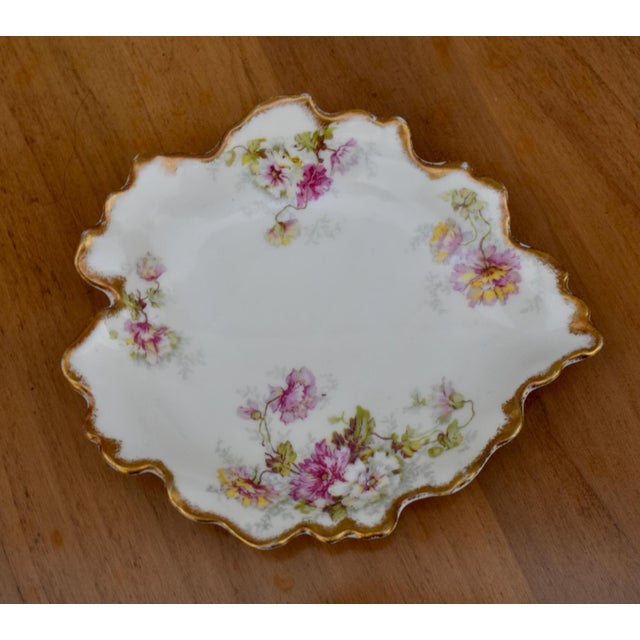 Antique Limoges Trinket Dish Elite Works France Porcelain Floral Leaf Shape Gilt For Sale - Image 12 of 15