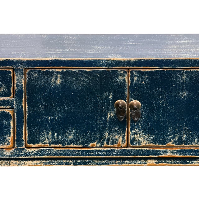 53" Distressed Dark Ink-Blue Drawers Narrow Console Credenza Table For Sale - Image 12 of 14
