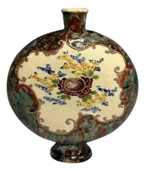 Japanese Hand-Painted Flambe Glazed Moon Flask: Artist Signed, Meiji Period