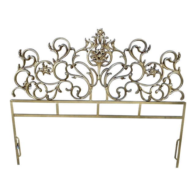 Hollywood Regency Rococo-Style Gold-Gilt Cast Metal Scrollwork Headboard French Style For Sale