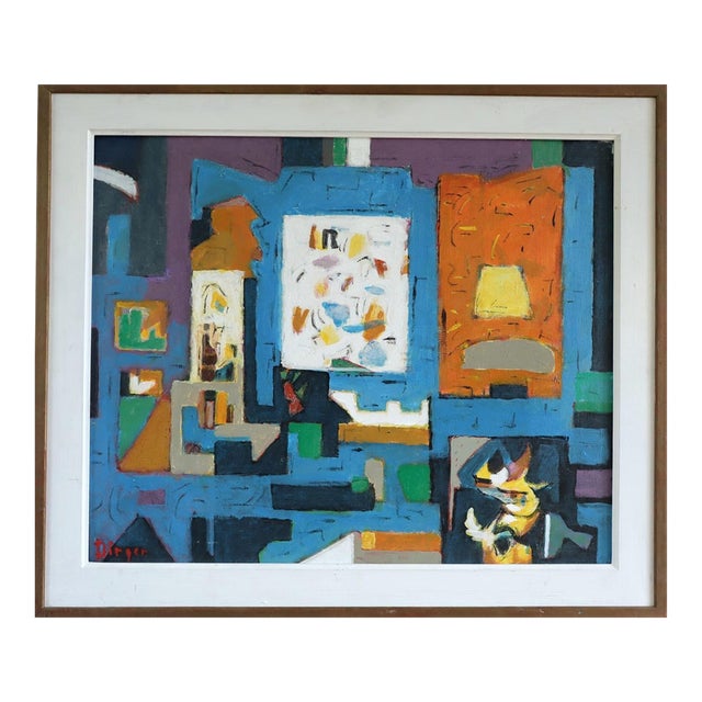 Mid-Century Modern 'The Collector's Room' Vintage Swedish Abstract Interior Oil Painting, Framed For Sale