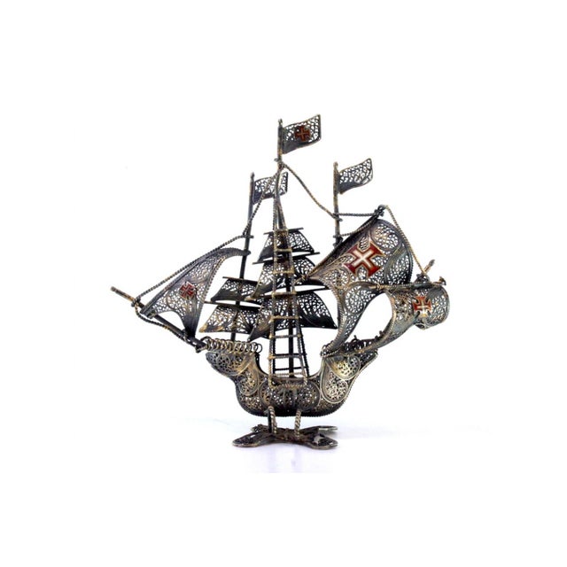 Silver Filigree Caravel with Flags and Maltese Crosses Sails For Sale - Image 3 of 9