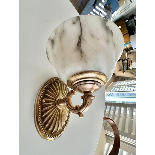 Pair Brass Alabaster Sunburst Wall Sconces For Sale - Image 10 of 18