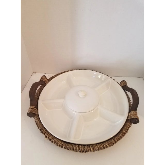 Vintage Porcelain Five-Section Vegetable & Dip Bowl W/ Handled Wicker Carrier For Sale - Image 9 of 9
