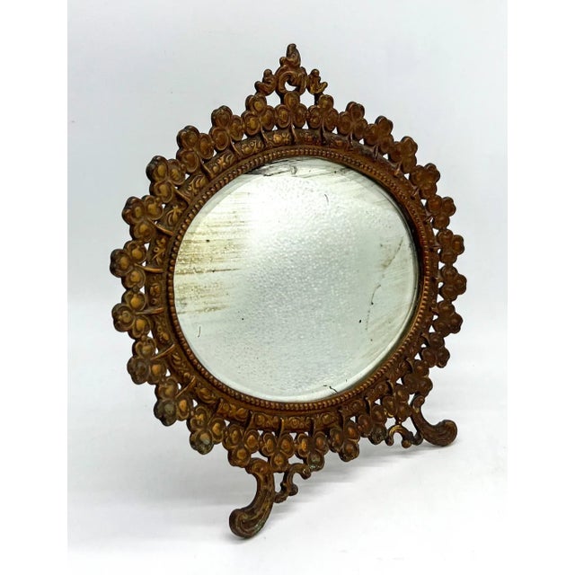 Late 19th Century Antique Victorian Gilt Metal Table Mirror – Clover & Floral Frame – Rococo Revival / English Cottage For Sale - Image 5 of 16