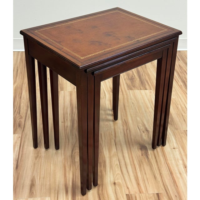 Vintage Heritage-Henredon Leather and Mahogany Nesting Table Trio For Sale In Kansas City - Image 6 of 13