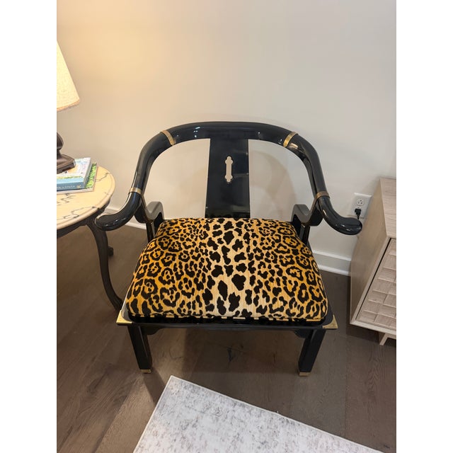 Mid-Century Modern 1960s Pair of James Mont Style Chinoiserie Black Lacquer Armchairs in Serengeti Leopard For Sale - Image 3 of 12