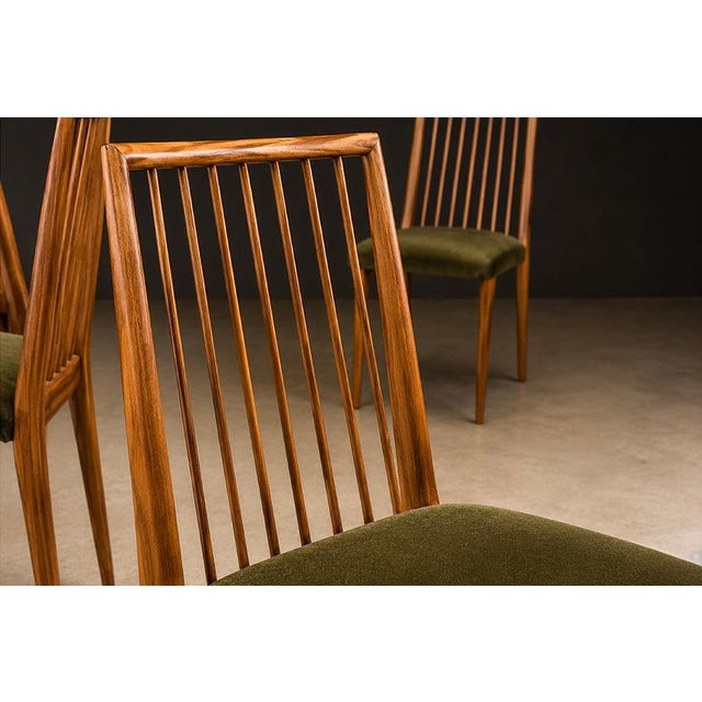 Mid-Century Modern Rare Set of Six Dining Chairs by Joaquim Tenreiro in Caviúna Wood & Olive Green Mohair, Brazil, 1950s For Sale - Image 3 of 16