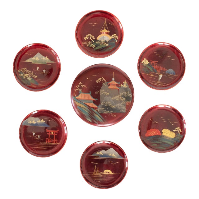1970s Japanese Lacquered Wood Set of 6 Coasters in Box For Sale
