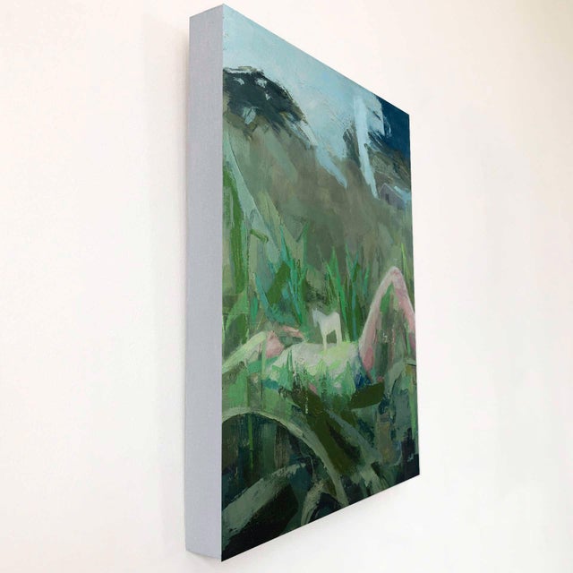 This artwork depicts a serene yet enigmatic scene, where a figure reclines amidst lush greenery, with a small white animal...