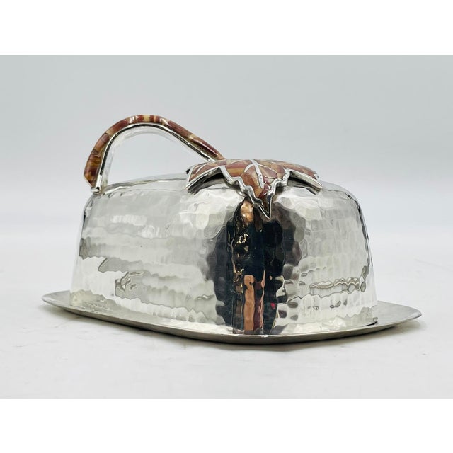 Emilia Castillo 1980s Emilia Castillo Silver Plated “Maple Leaf” Jasper Inlay Covered Butter Dish For Sale - Image 4 of 14