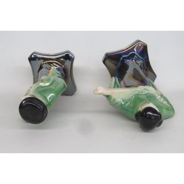 Japanese Eosin Glazed Ceramic Figurines Pair of 2 Iridescent Rainbow Sheen 5028b For Sale In Miami - Image 6 of 10