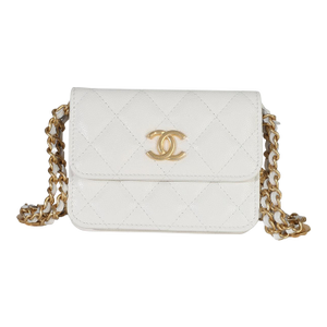 White Quilted Caviar Twist Your Buttons Coin Purse With Chain