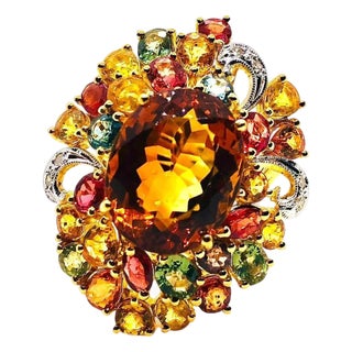 Bochic “Orient” Vintage Natural Citrine, Diamond & Sapphire Ring Set In 18K Gold For Sale